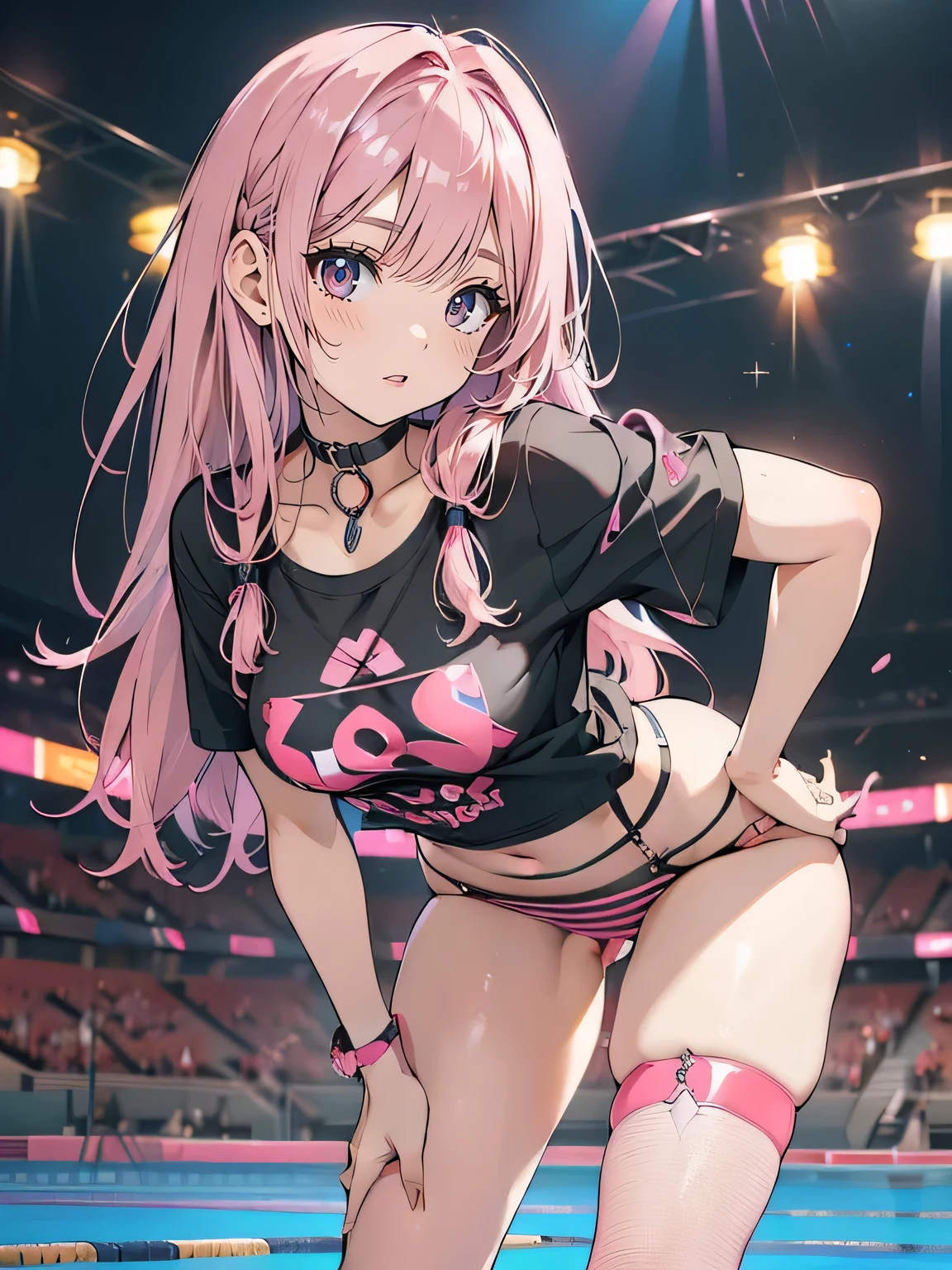 (best quality,4K,8k,high resolution,masterpiece:1.2),super detailed,(actual,realistically,realistically:1.37), Ultra high definition face, Woman in striped bikini posing for photo, ((white oversized t-shirt), ((glossy lip)), attractive girl, jaw-dropping beauty, large breasts, Thin waist and thick hips, hourglass figure, rosy cheeks, (((beautiful black and pink mesh hair))), Alluring with a smile, Bokeh, Dynamic Angle, (((Leaning forward:1.2))), close arms, Close-up face:1.5, whole body, From below:1.2, (Correct Anatomy:1.6, Ideal body proportions, The right move:1.5, Small hands), in the poolside, midjourney