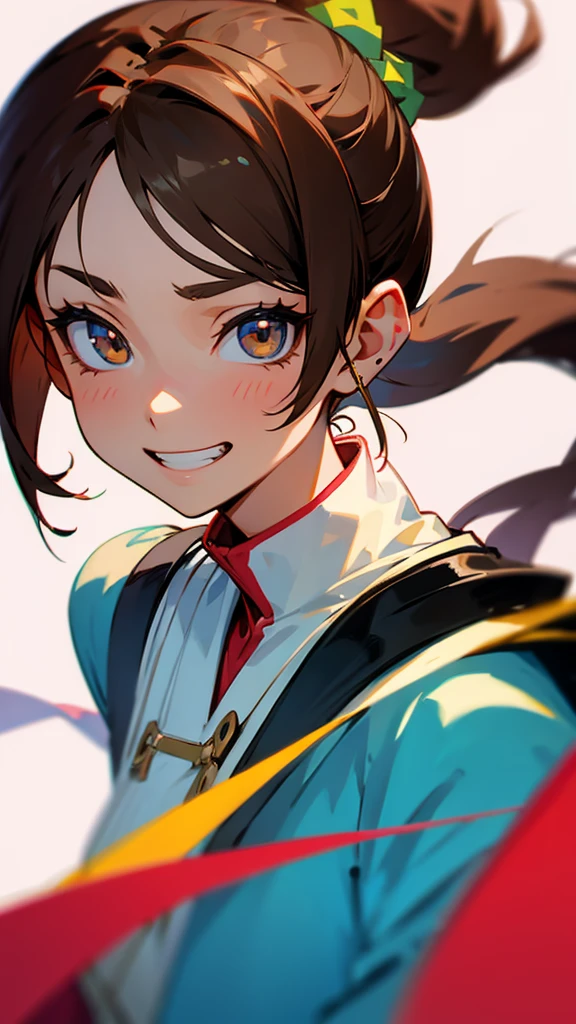 1 Girl、Anime style painting、Brown hair in a ponytail, Show me your ears, Upper body close-up、Grin