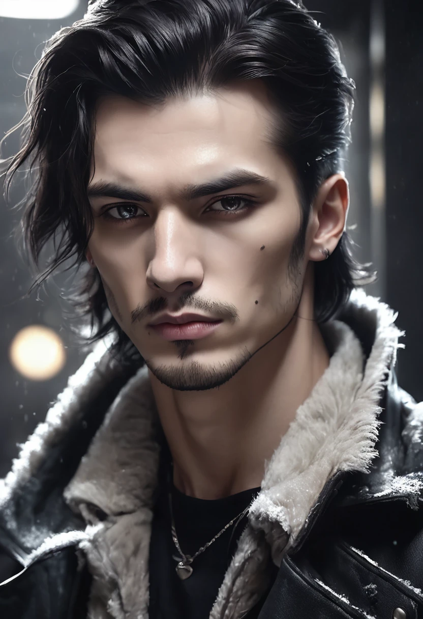 1 man, inside a dark tattoo studio, wearing dark clothes, detailed facial features, masculine eyes, detailed light skin, dark medium length hair, strong and serious expression, dramatic lighting, cinematic composition, cold and dark, atmospheric fog, handsome face, thin chin, handsome man, masculine and handsome, 25 years old (best quality, 4K, 8K, high resolution, art: 1.2), ultra-detailed, (realistic, photorealistic, photorealistic: 1.37)