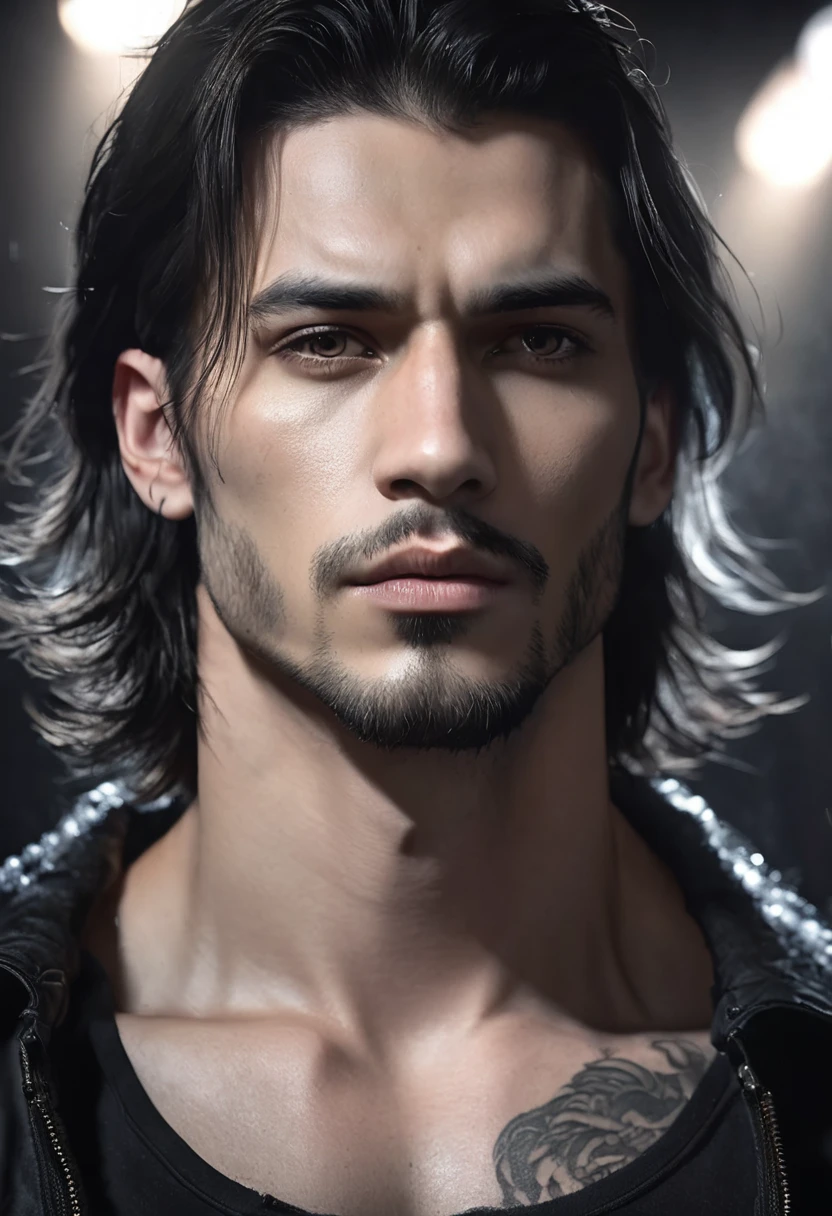 1 man, inside a dark tattoo studio, wearing dark clothes, detailed facial features, masculine eyes, detailed light skin, dark medium length hair, strong and serious expression, dramatic lighting, cinematic composition, cold and dark, atmospheric fog, handsome face, thin chin, handsome man, masculine and handsome, 25 years old (best quality, 4K, 8K, high resolution, art: 1.2), ultra-detailed, (realistic, photorealistic, photorealistic: 1.37)