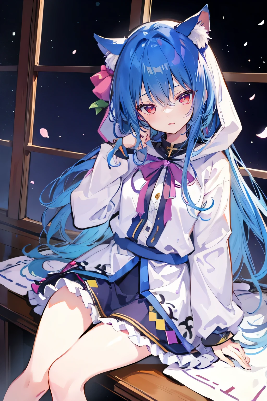 (masterpiece:1.2),Super detailed,lifelike,Expressive eyes,fair skin,perfect face shape,1 girl,
Japanese comics,Gorgeous blue hair,flowing blue hair,flowing clothes,Cat ears,Petals fall,beautiful lola,Baby Angel,
Shaking head with one hand,Cross your legs,Gentle and peaceful background,The pavilion is cool and comfortable,smile, wearing hoodie, In front of the window,snowing
