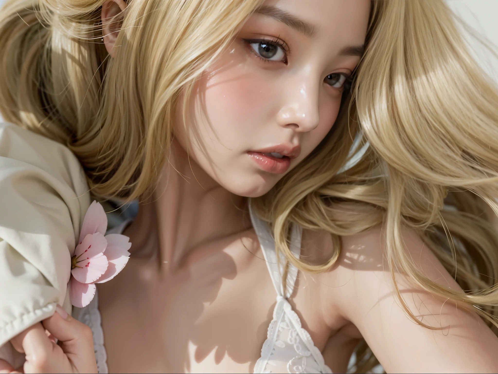 Realistic, High resolution, Soft Light,1 japanese female with slim body, 25 years old, alone, Hip Up, Glowing Skin, (Detailed face),(fully naked:1.4), flower body paint, night, Blonde Hair, Wavy Hair, spouse, Eyes that beckon, The spouse's perspective, Attractive look, Sexy smile, Perfect Style, Perfect balance, Fine skin, Naughty look, I can see your chest, huge firm bouncing bust, hard nipples, luxsury sweet room of crouse ship