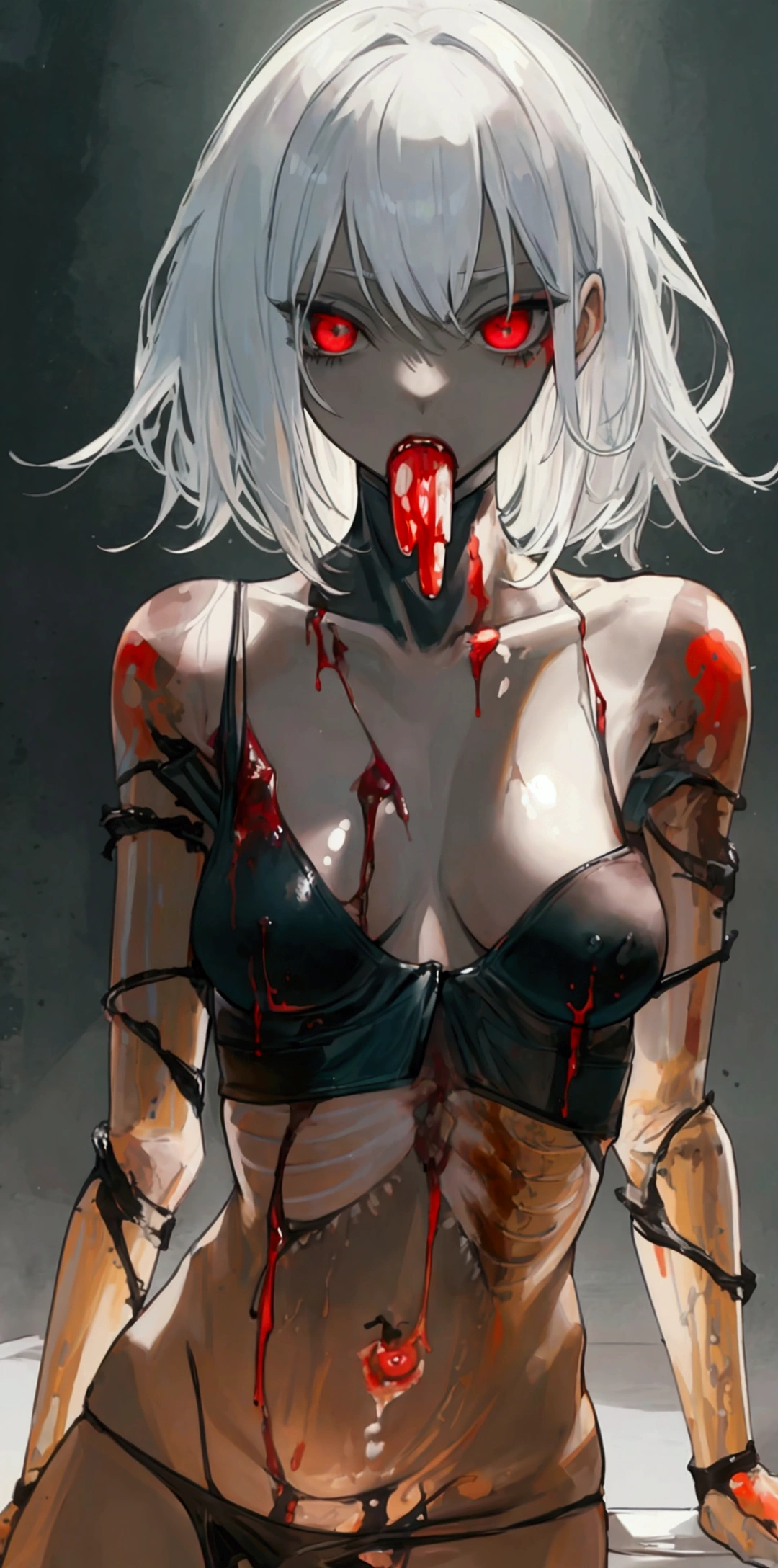 ((Best masterpiece, Perfect quality, Ultra detailed)), A skinny girl, With small bust, With white hair, Is parasitic, Wearing black bra, Wearing black panty, Naked limbs, Injured body, Bloody wounds, Mutated limbs, Parasites, Grotesque, Full body