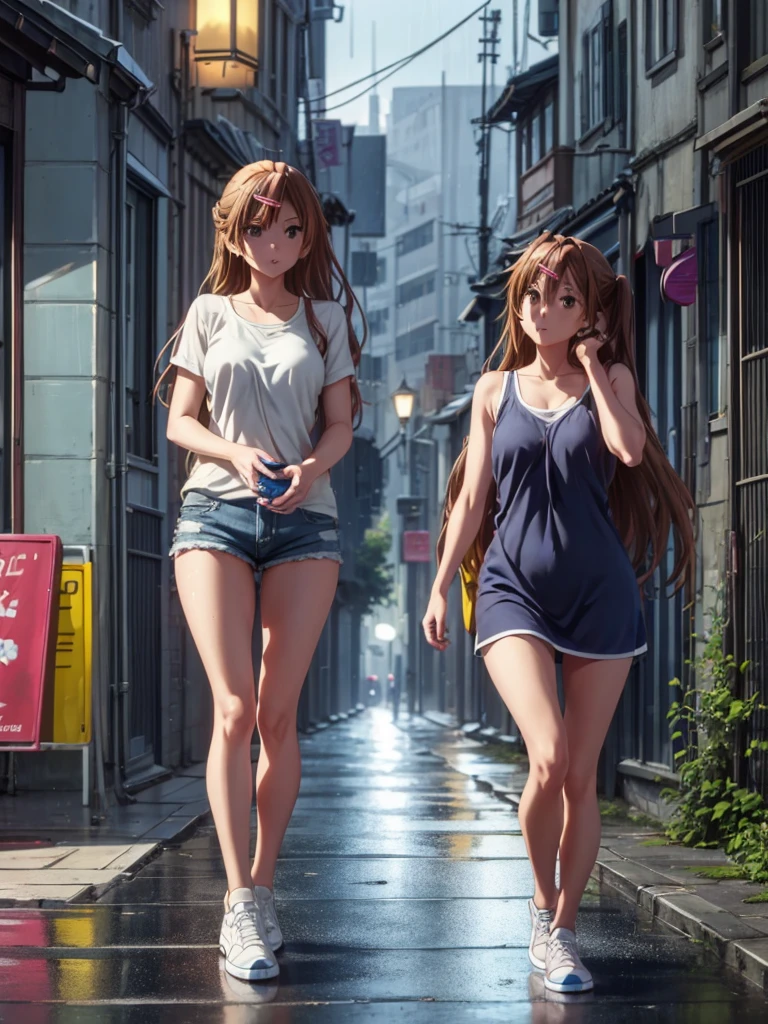 Girl, blue short tight dress , Bare breasts, chest visible, street background, Narrow passage between houses, night, rain, slim body, In full growth, Sneakers, small breast