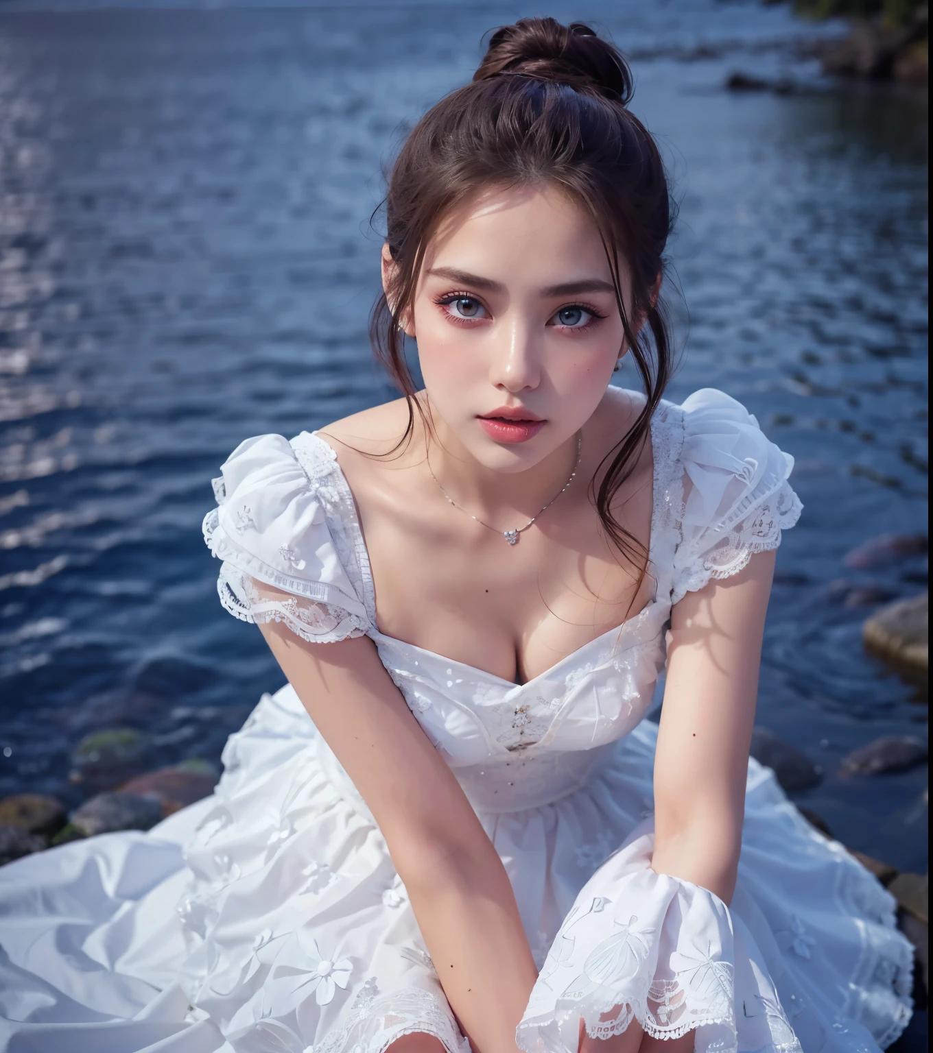 1 woman, beautiful face, sweet girl, ultra detail,white dress, beautiful eyes, beautiful lips, (detailed face, beautiful face, saturated makeup)), saturated_body,outdoors, realistic,(middle), photorealistic, (very detailed:1.2),detailed light, HDR,