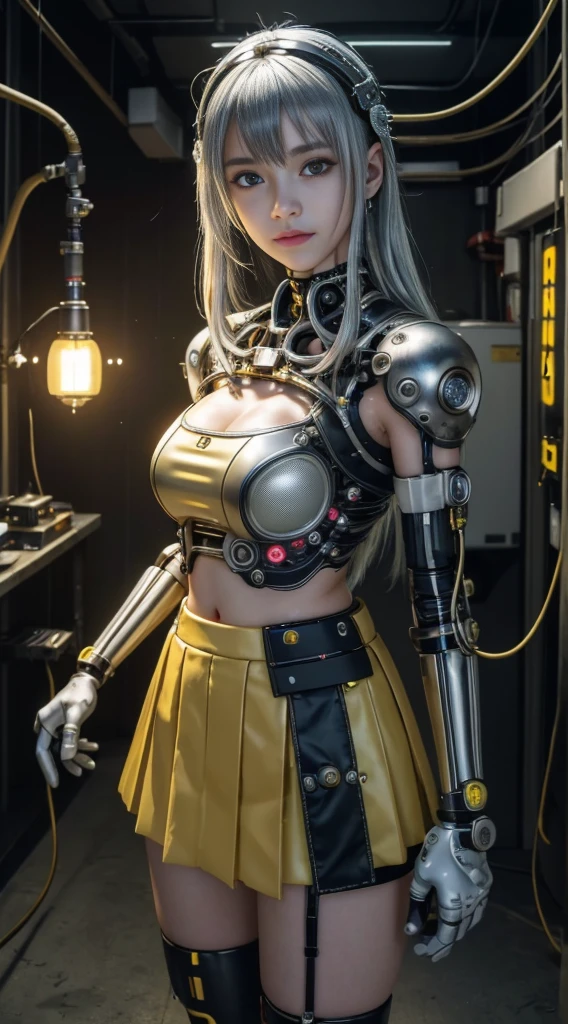 ((Highest quality, 8K, masterpiece, Super detailed, Ultra-high resolution, Realistic, RAW Photos, Absurd, The absolute solution:1.5)), 1 chica cyber punk, Black Hair, Glowing Skin, 1. Yellow Mechanical Girl, (Ultra-Realistic Details)), whole body, Global Illumination, Contrast, In the shade, Octane Rendering, Super sharp, Exposed cleavage, Raw hide,Yellow mini skirt, Metal,Exquisite yellow decorative details, More about Japan, Very detailed and complex, Realistic Light, CG trends, In front of the camera, Neon Details, Mechanical Limbs, Blood vessel attached to a tube, Mechanical vertebrae attached to the back, Mechanical cervical attachment to the neck, Wires and cables connecting to the head, Gundam, Small LED Lamp.14-year-old girl、Silver Hair、Round eyes、Trembling Irisディテール, A light smile,(cyber punk:1.3)