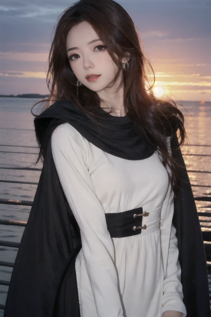 1girl, high quality, masterpiece, standing, looking at viewer, mole, black dress, see-through, lace trim ,upper body,ocean, small breasts, mole, parted lips, night, crescent, dim light, 
