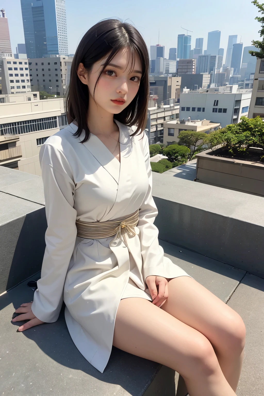 Beautiful Japanese idle, (idle costume:1.3), sitting in rooftop of Tokyo tower,