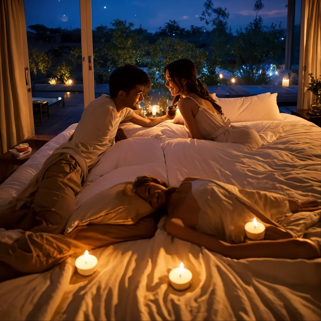 atraktif couple at the bed in the nightime, fullview romantic bedroom, 
