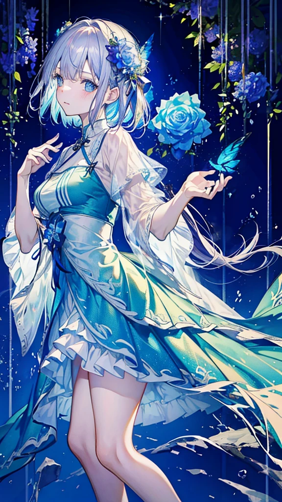 Highest quality,masterpiece,colorful,The background is the deep blue sea,Transparency,Use HDR technology to create a sense of depth,beautiful,beautiful自然,Five-year-old girl in a rainbow flower dress,Narrow and gentle eyes,mysterious,Silver hair decorated with blue flowers,Fantasy atmosphere,beautiful虹色の蝶々is flying in the air
