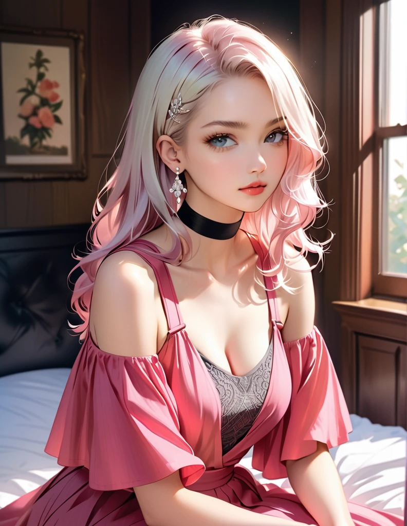 1 girl, fair_skin, ((white hair)), large ass, wearing a cute pink dress with patterns, full lips, pretty long eyelashes, pretty eyebrows, soft looking skin, wearing one black velvet choker around her neck, realistic bedroom, masterpiece, wearing white diamond earrings, sitting on bed, looking at viewer, (blue eyes)