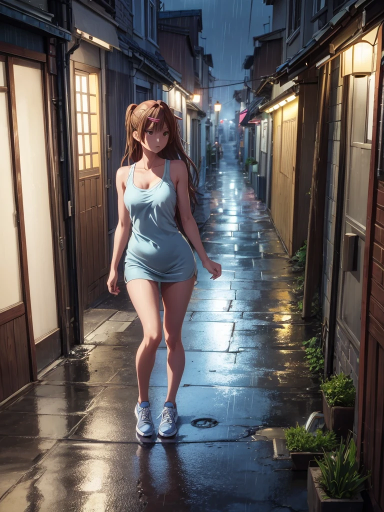 Girl, blue short tight dress , Bare breasts, chest visible, street background, Narrow passage between houses, night, rain, slim body, In full growth, Sneakers, small breast