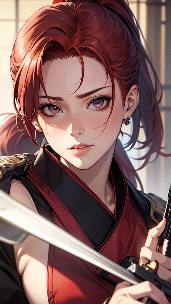 Highest quality, Ultra-high resolution, (Realistic: 1.4), beautiful Eyes, Super beautiful, beautiful, Warrior, Japanese clothing、 Dance、((Red Hair、ponytail)),Scarlet shades、 gun、inflammation、beautiful Soldier, Eyes that beckon, Mistress&#39;s point of view, Droopy eyes、Attractive look, Sexy smile, Perfect Style, Perfect balance, Detailed skin, Mischievous Gaze,battlefield