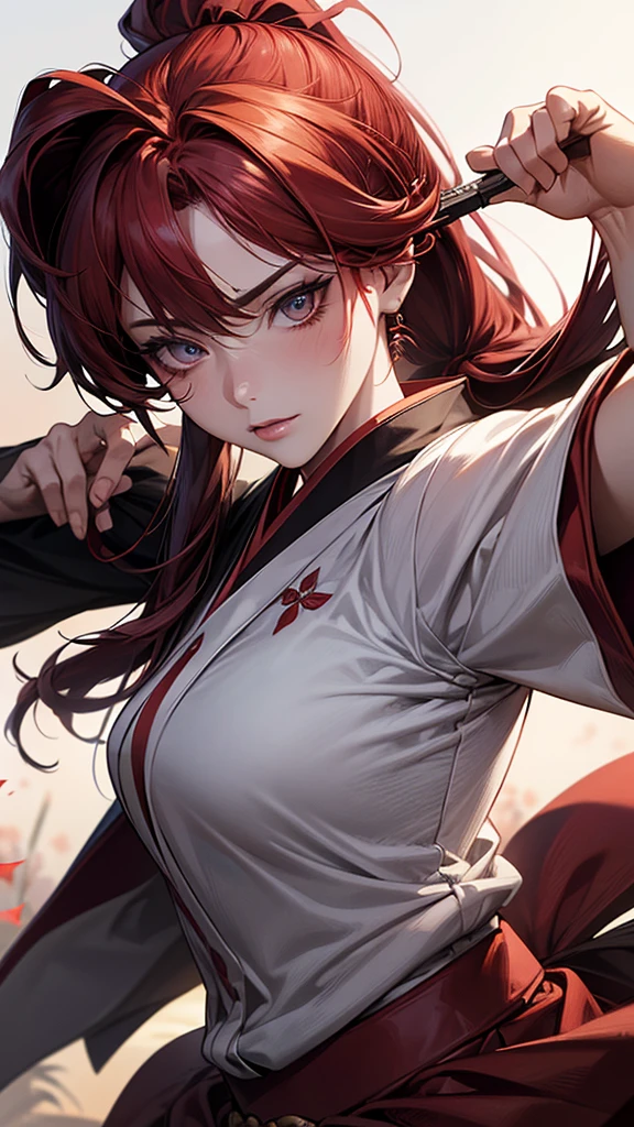 Highest quality, Ultra-high resolution, (Realistic: 1.4), beautiful Eyes, Super beautiful, beautiful, Warrior, Japanese clothing、 Dance、((Red Hair、ponytail)),Scarlet shades、 gun、inflammation、beautiful Soldier, Eyes that beckon, Mistress&#39;s point of view, Droopy eyes、Attractive look, Sexy smile, Perfect Style, Perfect balance, Detailed skin, Mischievous Gaze,battlefield