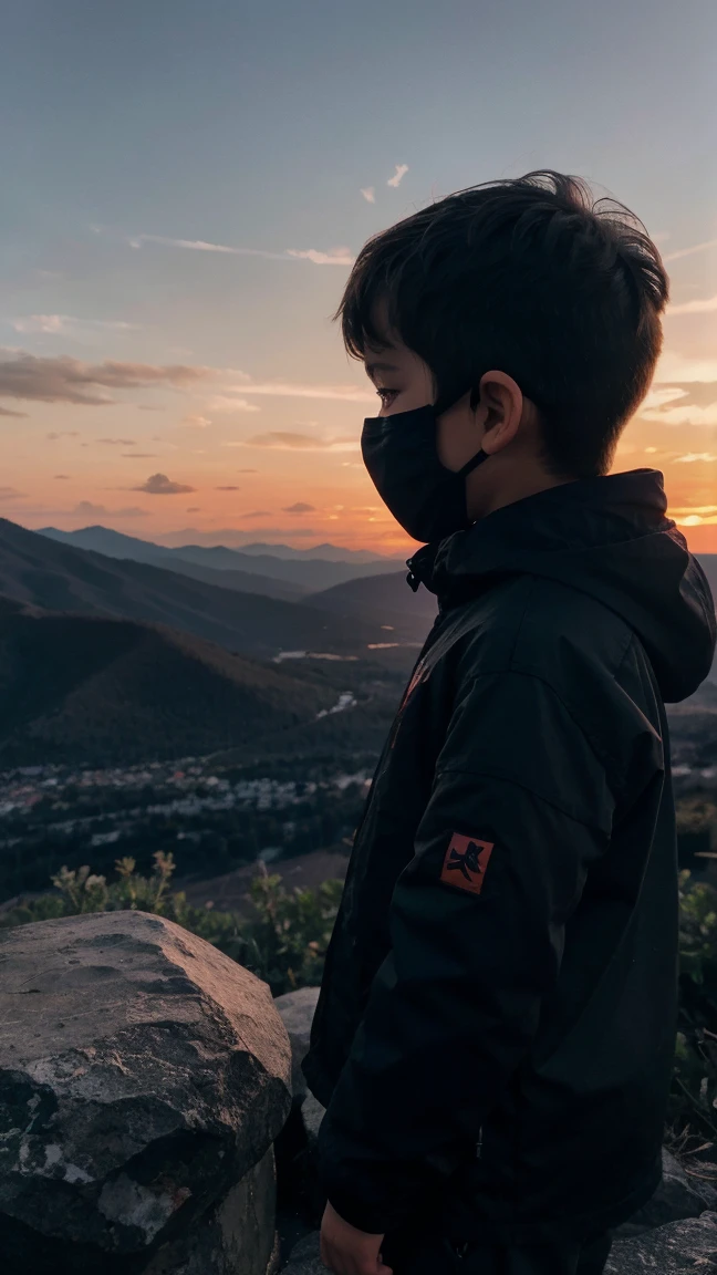 Mountain view and sunset, actual, 8k dark light, Boy watching sunset, No face 