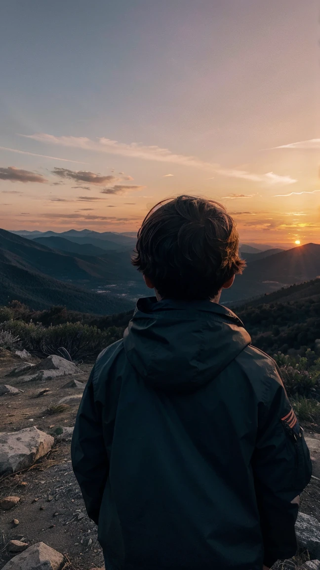 Mountain view and sunset, actual, 8k dark light, Boy watching sunset, No face 