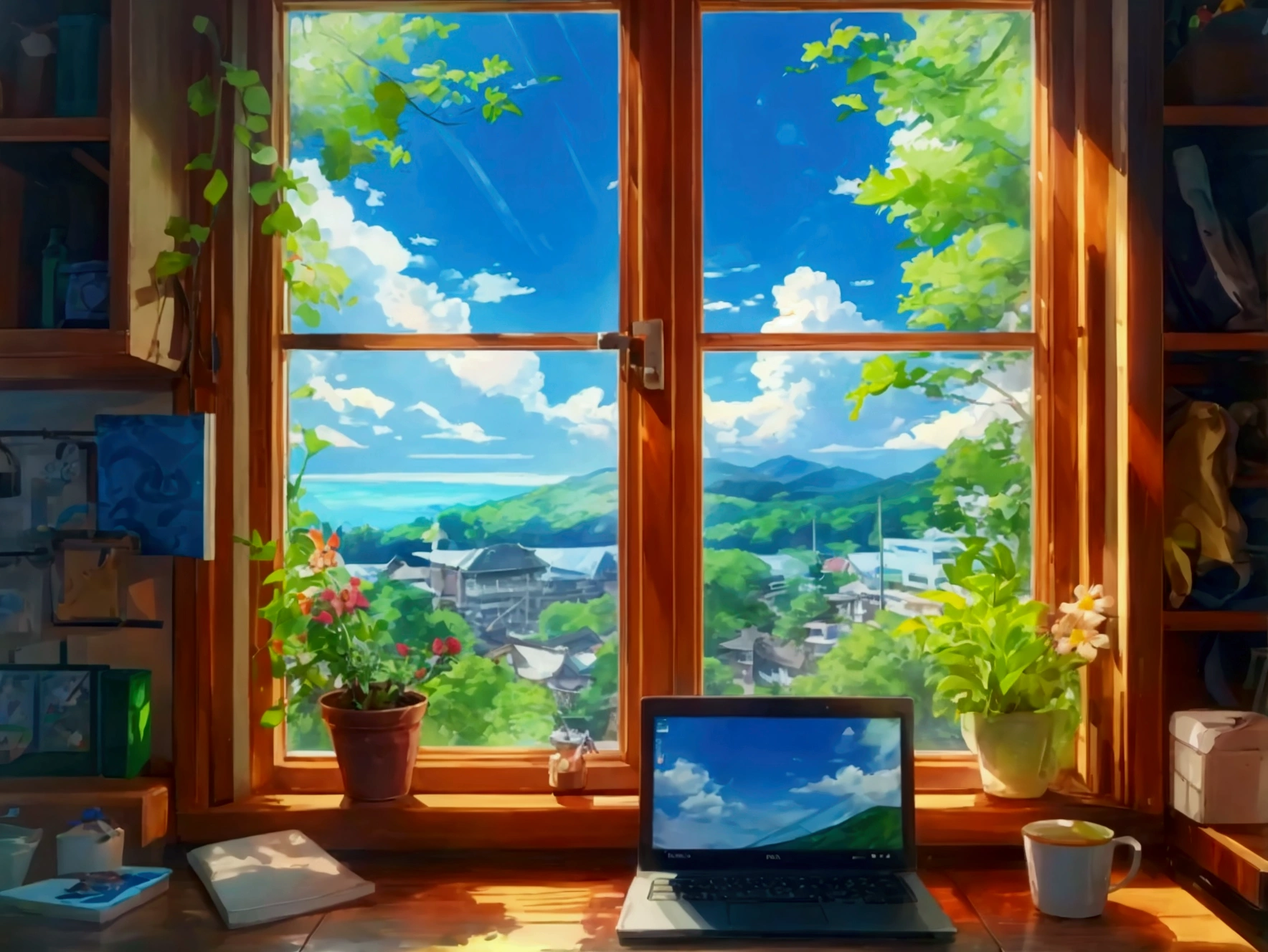 Window seat、Girl looking at laptop on table、Outside the window is a view of early summer、Summer resort、