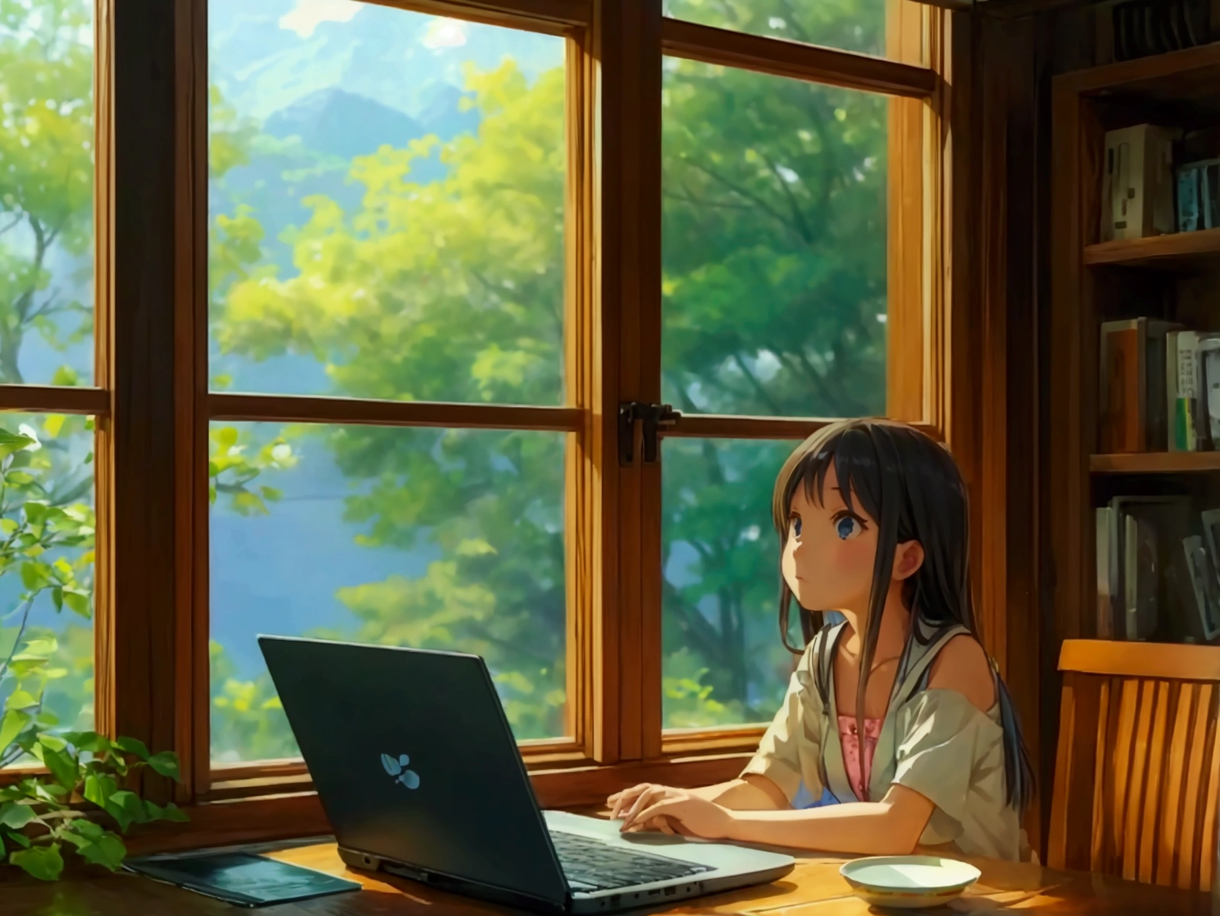 Window seat、Girl looking at laptop on table、Outside the window is a view of early summer、Summer resort、