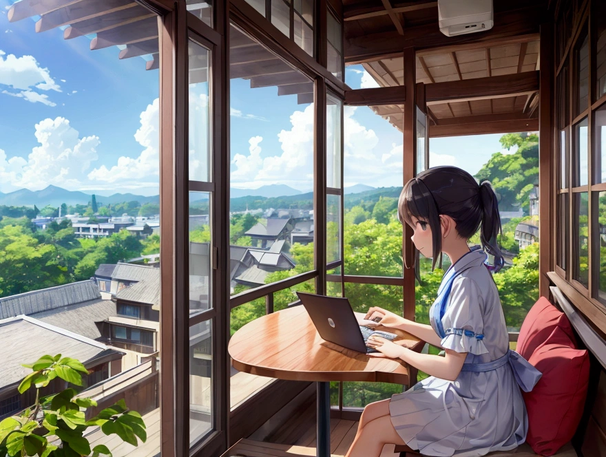 Window seat、Girl looking at laptop on table、Outside the window is a view of early summer、Summer resort、