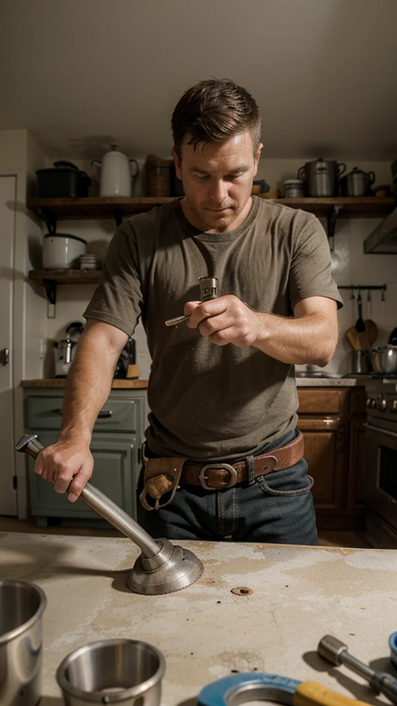 A BillMatheson man fixing a leaky kitchen faucet with a set of old worn tools