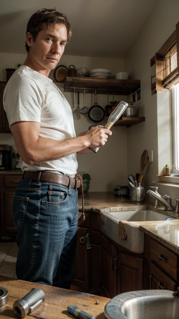 A BillMatheson man fixing a leaky kitchen faucet with a set of old worn tools
