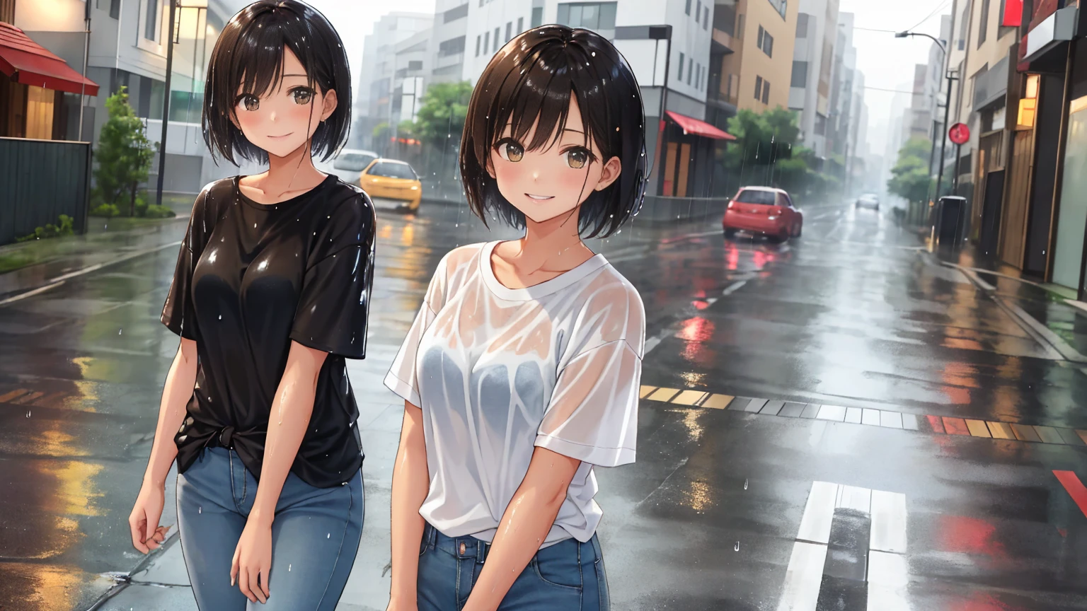 An empty street on a rainy summer day、A shot of a woman from the waist up.。The woman has light brown, very short bob hair that is wet with raindrops falling from the ends.。The woman is wearing a white T-shirt and jeans.。The woman is soaked in the rain。She is posing cutely with a troubled smile.