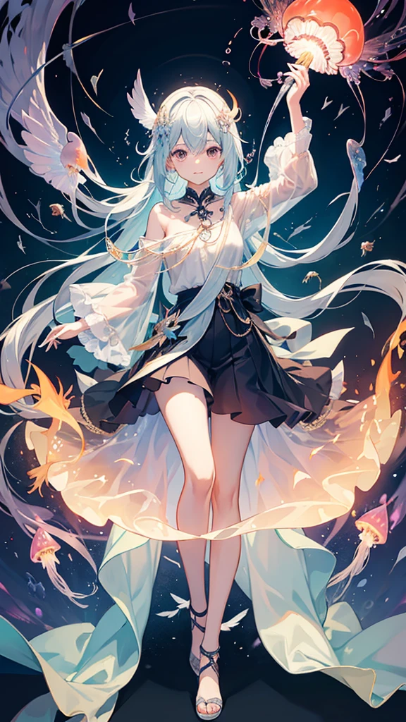 girl、Transparent jellyfish、Surrounded by iridescent jellyfish、Transparent、A bird with red flames、Surrounded by flaming birds