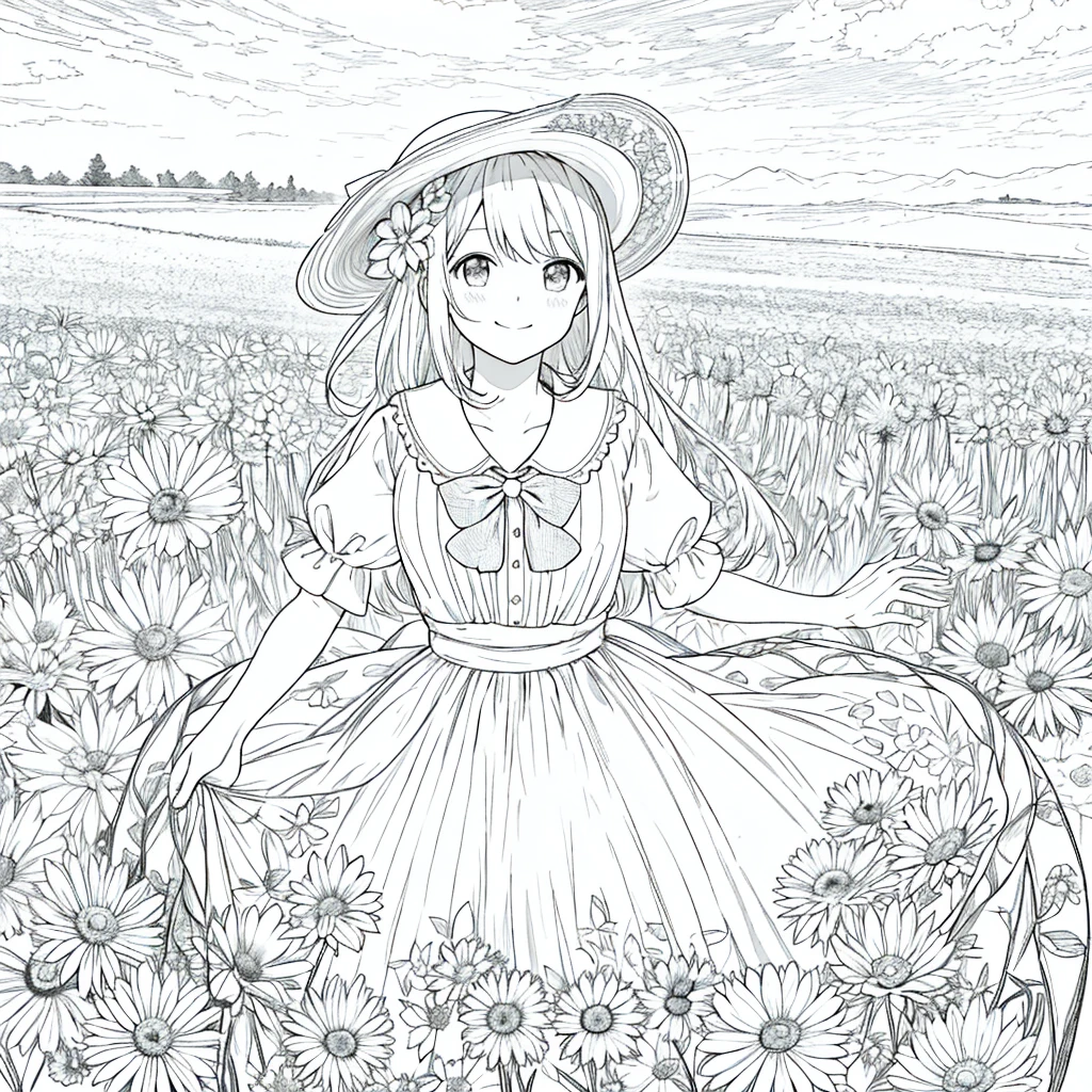 masterpiece, Highest quality, 1 Barbie, alone, wide, Watching the audience, smile, stripe, skirt, shirt, manga, sombrero, wear, bow, Participation, Closed Mouth, flower, Steering Wheel, 髪のflower, flowerびら, ramo de floweres, 固定flower, Steering Wheel centrales, Food, flower束を固定する, Field, flower, Field, Line art, Monochrome,