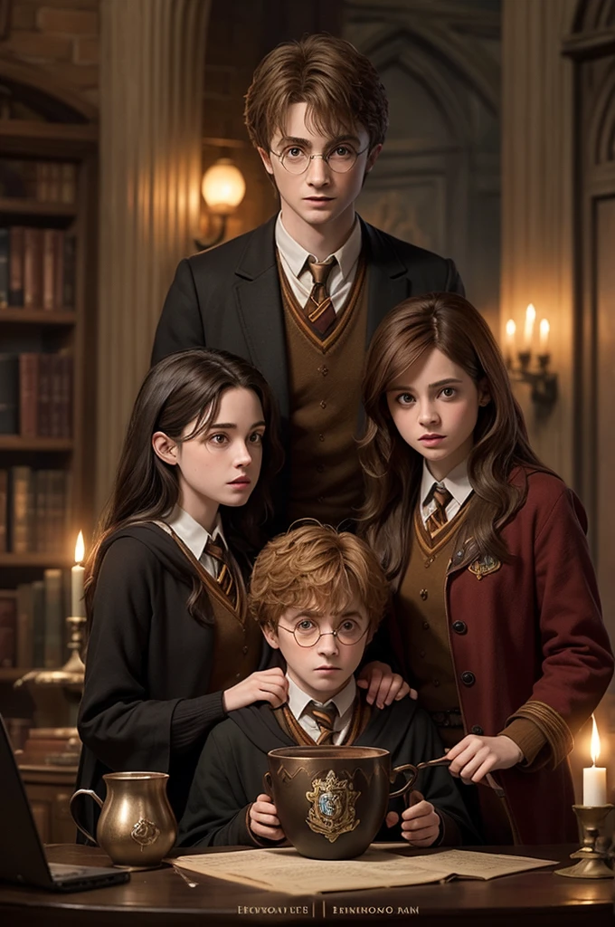 Create custom Harry Potter-inspired artwork for a cup, that includes elements from all the films in the series. Art should highlight true friendship and loyalty, incorporating characters like Harry, Hermione and Ron in iconic moments that represent these values. Add a special dedication with the name 'Damião Luiz' in a magical and elegant font style.