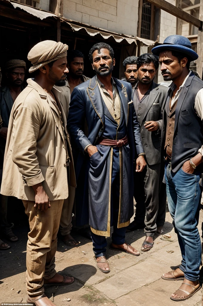 A Greedy Merchant Exploiting the Poor:
An illustration of a wealthy merchant, dressed in luxurious clothes, standing over a group of poorly dressed laborers. The laborers are working hard, but their faces show exhaustion and despair