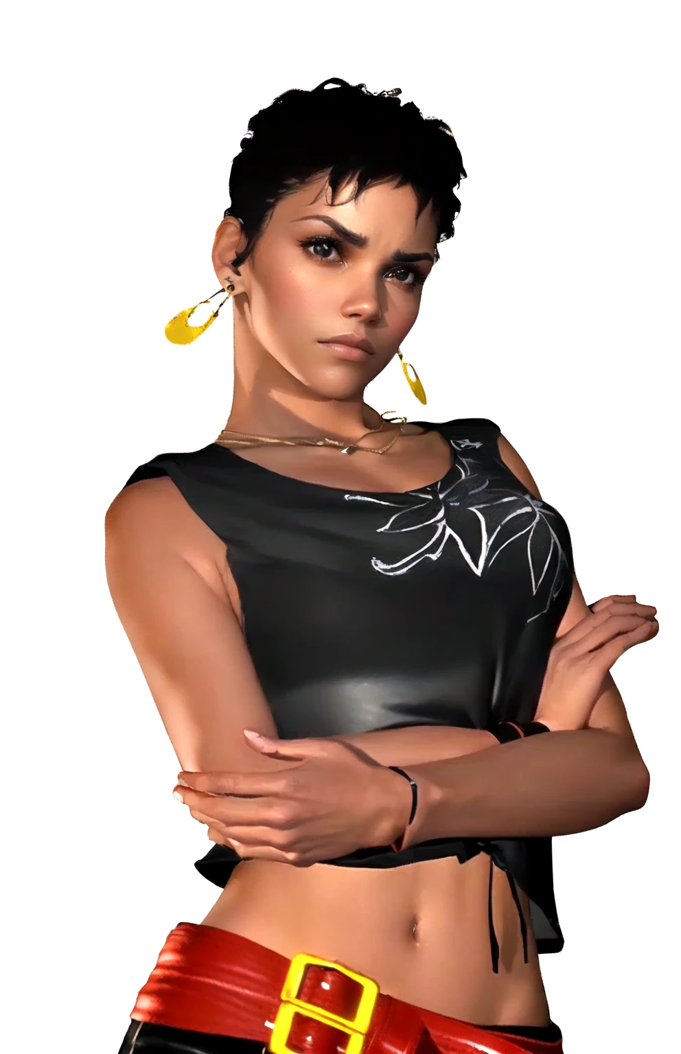 she's black, black hair, dark brown eyes, ((eyes turned to look at the camera)), swedish, as a character in Out Run 2, of SEGA, 3D CG from the 2000s, Holly, 2k, 2 k, ((disappointed face)), realistic, render of halle berry, fighting game character, from tekken, bright clean face, from devil may cry, wide open curious eyes, hands crossed, black leather shirt with black and white flower art on it, simple golden necklace and earrings, hands on the hips, red belt, red wristband, frowns, perplexed expression