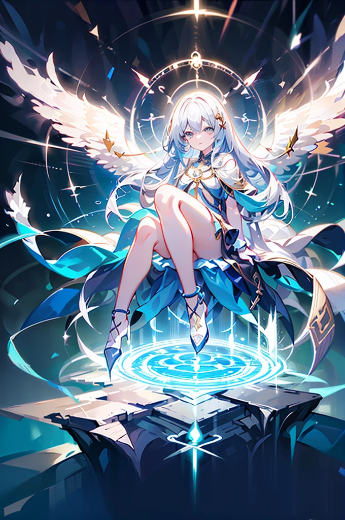 masterpiece, 8k, best quality, extremely detailed, ultra-detailed face, detailed hair, shiny glossy hair, 1girl, magic circle, AngelicAI, Floating with legs bent