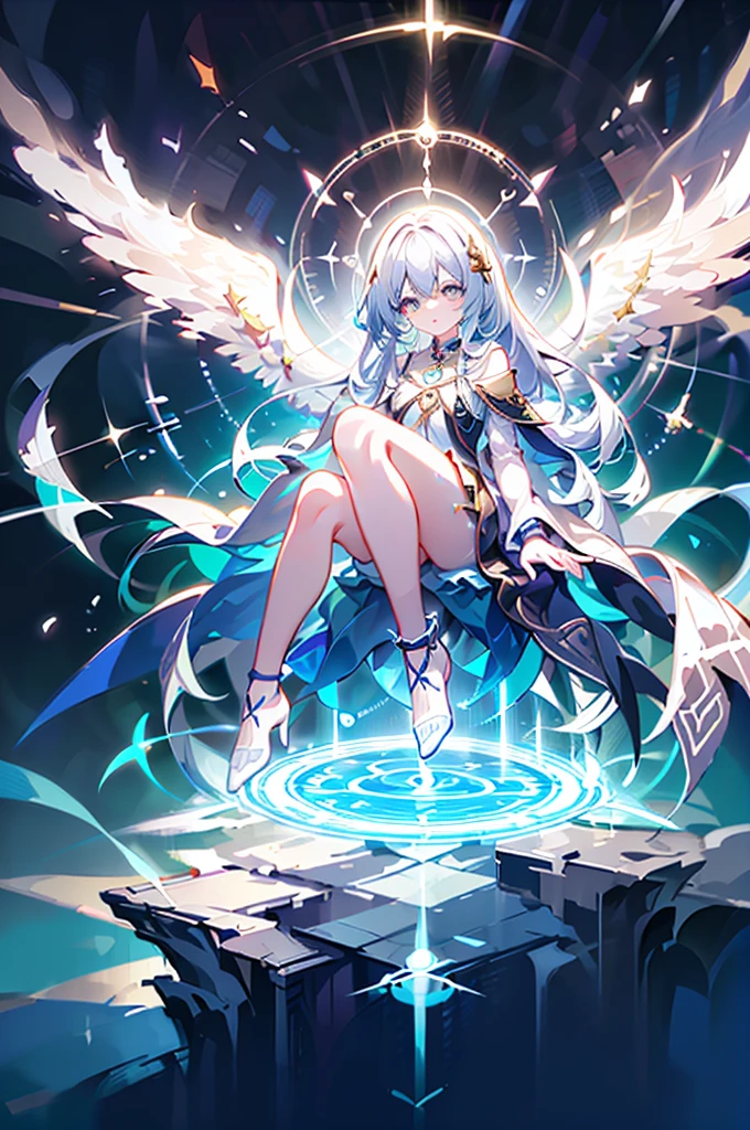 masterpiece, 8k, best quality, extremely detailed, ultra-detailed face, detailed hair, shiny glossy hair, 1girl, magic circle, AngelicAI, Floating with legs bent