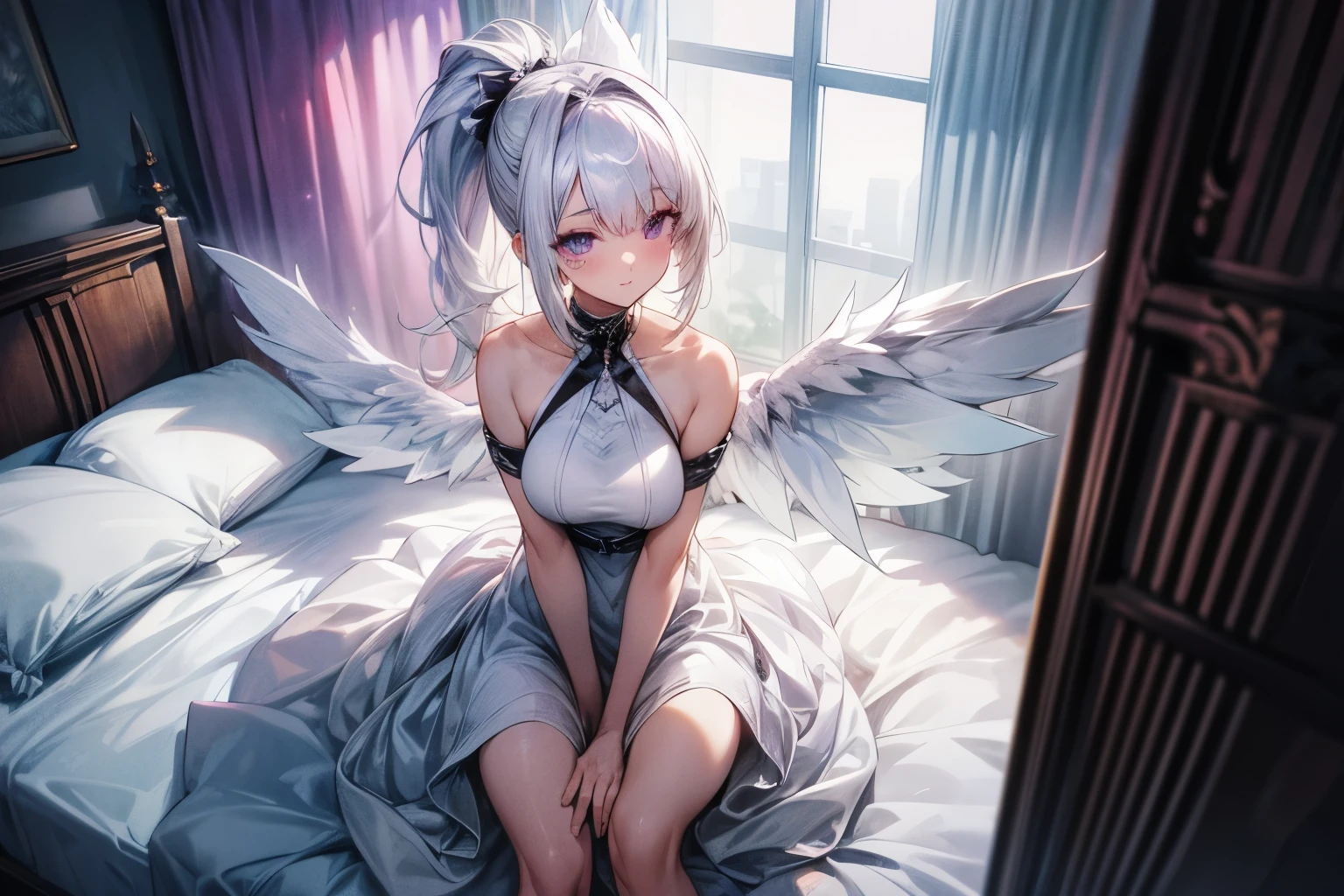1girl with white hair, pony tail, hair cover left eye,bangs cover left eye, violet eyes, smile, big breasts, big white dress, decolletage, indoors, wings on back, standing. Black neck, , full stand, cheap apartments on background, sitting on bed