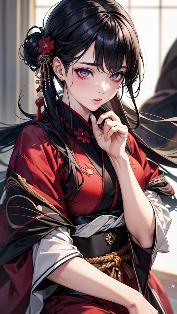 Highest quality, Ultra-high resolution, (Realistic: 1.4), beautiful Eyes, Super beautiful, beautiful, magician, Japanese clothing、((Black Hair、Updo Hair)),Black and scarlet tones、inflammation、beautiful Soldier, Eyes that beckon, Mistress's point of view, Droopy eyes、Attractive look, Sexy smile, Perfect Style, Perfect balance, Detailed skin, Mischievous Gaze,battlefield