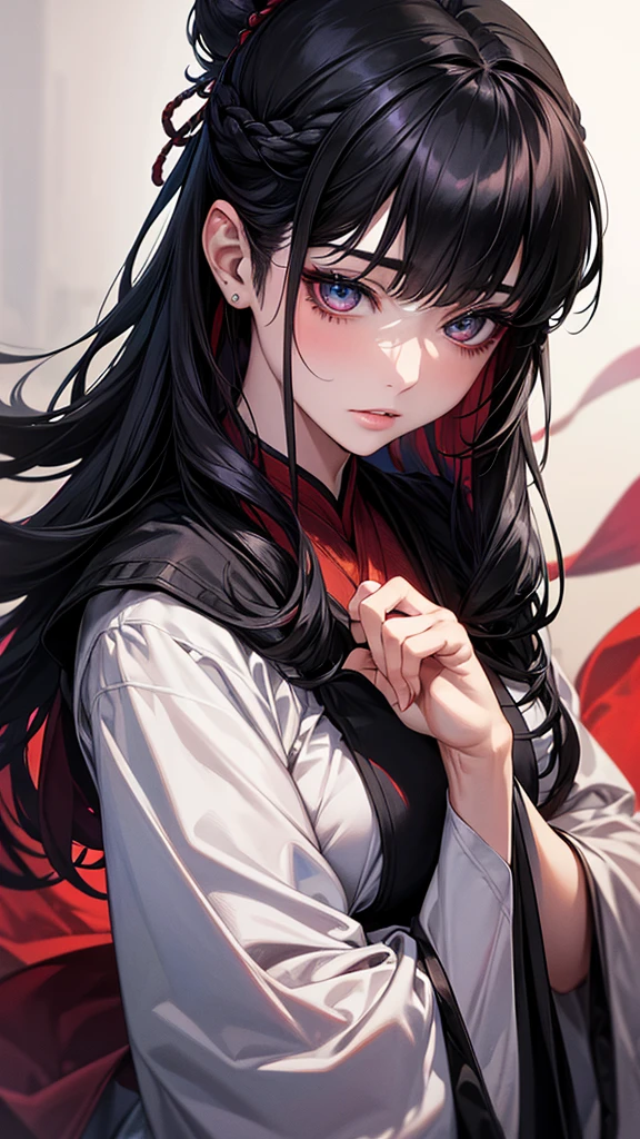 Highest quality, Ultra-high resolution, (Realistic: 1.4), beautiful Eyes, Super beautiful, beautiful, magician, Japanese clothing、((Black Hair、Updo Hair)),Black and scarlet tones、inflammation、beautiful Soldier, Eyes that beckon, Mistress's point of view, Droopy eyes、Attractive look, Sexy smile, Perfect Style, Perfect balance, Detailed skin, Mischievous Gaze,battlefield