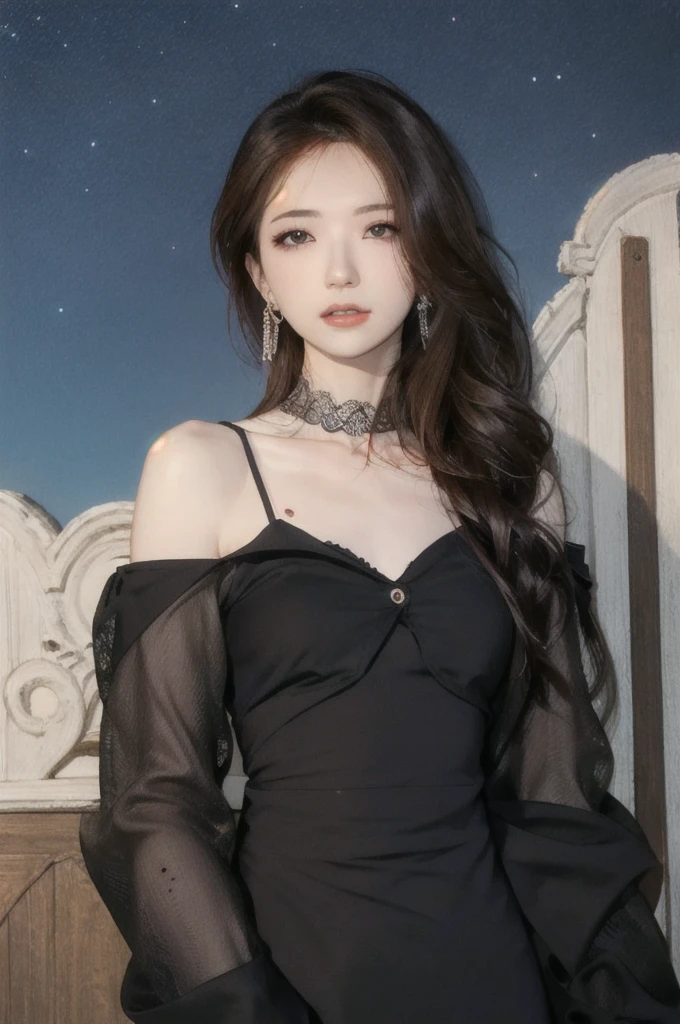 1girl, high quality, masterpiece, standing, looking at viewer, mole, black dress, see-through, lace trim ,upper body,ocean, small breasts, mole, parted lips, night, crescent, dim light, 