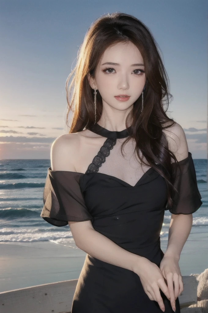 1girl, high quality, masterpiece, standing, looking at viewer, mole, black dress, see-through, lace trim ,upper body,ocean, small breasts, mole, parted lips, night, crescent, dim light,