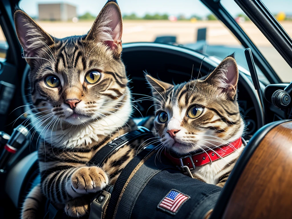 realistic, masterpiece, cute cat as a pilot in a fighterjet