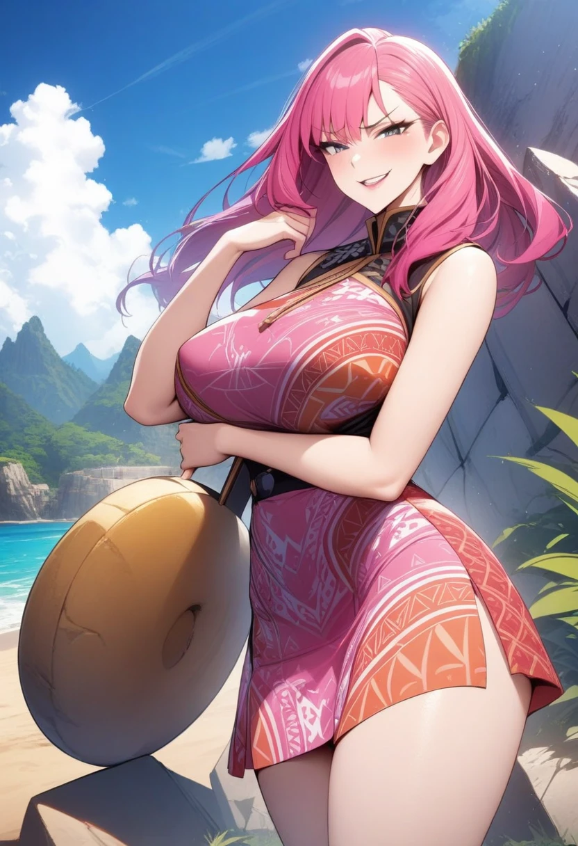 masterpiece, best quality, very aesthetic, absurdres, 1girl, _lady,,smug,Hot pink hairstreaked hair,Polynesian Printed Dress Uniform: Often features dresses with vibrant island-inspired prints.,Ferrocement Construction,floating_hair