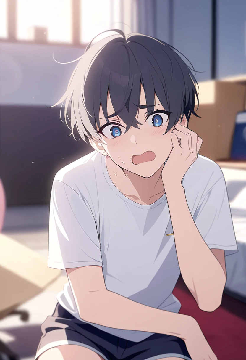 masterpiece,best quality,depth of field,8K,looking at the viewer,dark gray hair,blue eyes,male,t-shirt,shorts,studio,surprised expression,caressing the cheek,(charismatic eyes 1:1),wseifuku,chic