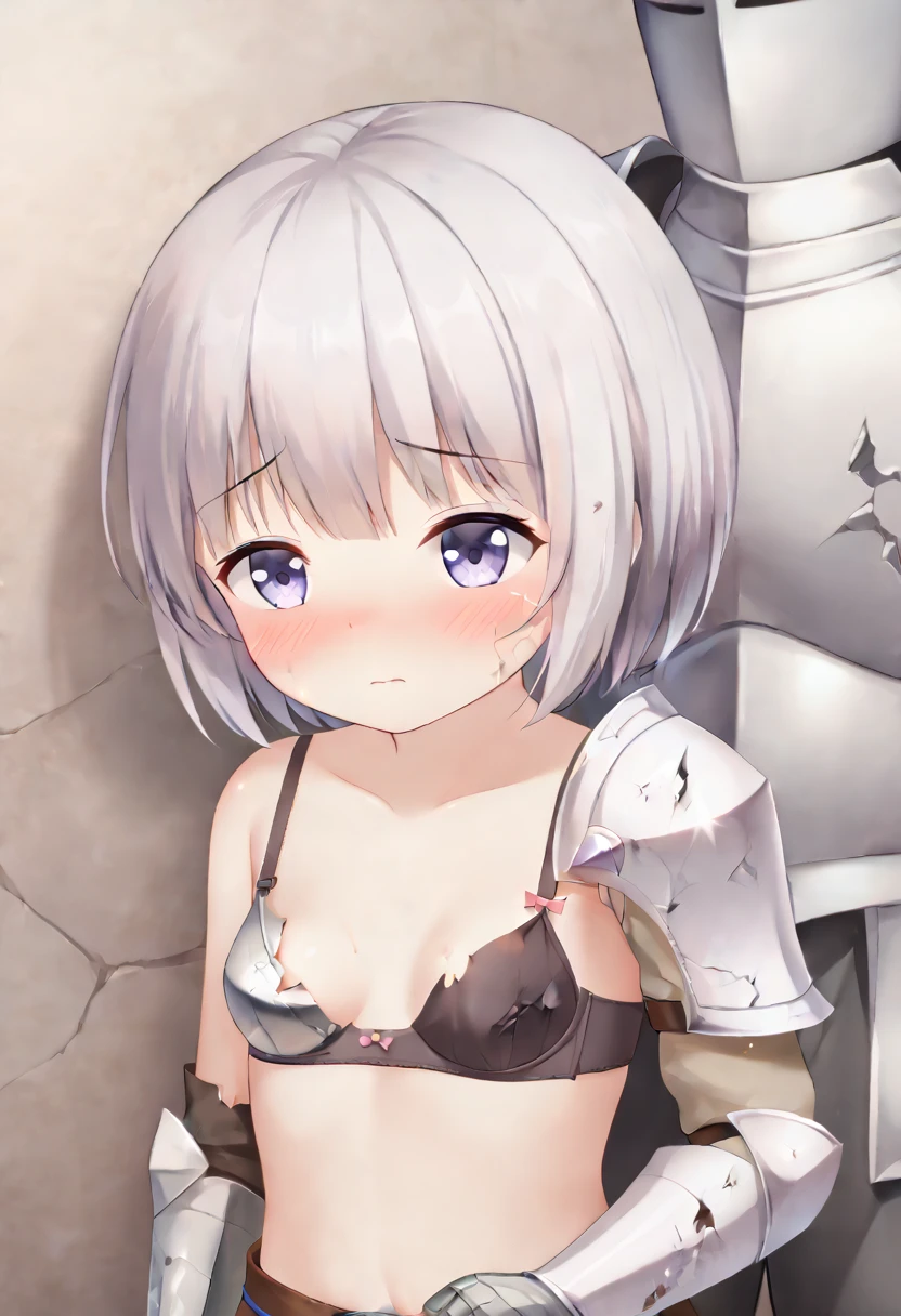 Girl, silver hair, short hair, boyish, shy, small breasts, knight's armor, shattered armor, (armor is shattered and bra is visible,)