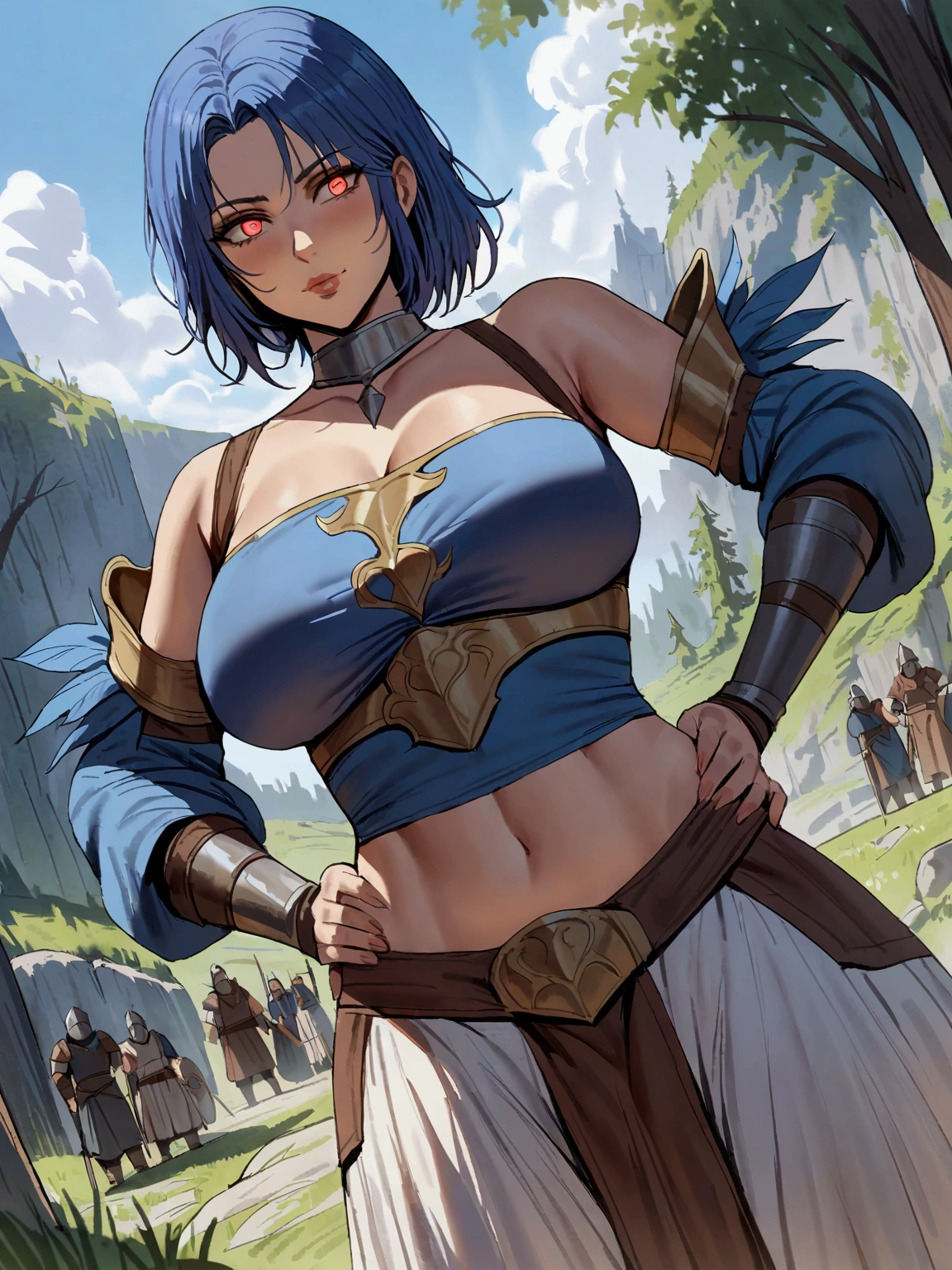 {{upper body, dutch angle}} {{Artist: shexyo}} 1girl, mature female, short blue hair, short hair, burning eyes, armored tube top, feather sleeves, baggy dancer pants, outdoors, fantasy wilderness, standing, unpleasant look, hands on hips, pov, medieval fantasy.