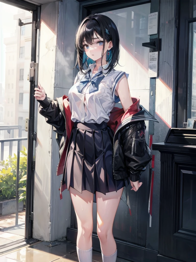 absurdres, RAW photo, extremely delicate and beautiful, masterpiece, Best Quality, ultra high resolution, 32k, hyperrealistic, ultra-detailed, perfect figure, in her 20s, very small head, very small face, delicate facial features, tearful mole, earring, huge breasts, legs, full body shot, medium hair, black hair, Colored inner hair, sweat, school_uniform,