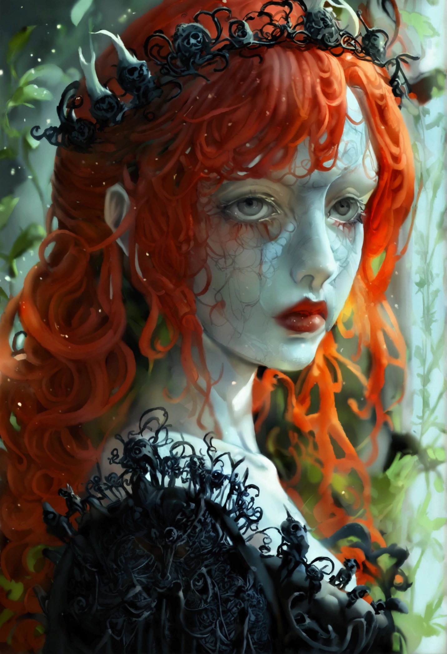 Slenderman's daughter with a human who survived, the character has a human appearance. Although temporary, this appearance will change in the next Black Moon in 1000 years, when will she lose her face, becoming like his father. Looking for him, your height reaches his waist. The character has red hair, wavy and a little below the shoulders, very white skin and gray eyes. Her long black dress complements her figure. She inherited more characteristics from her father and is used to her Trenderman uncles' peculiar appearance., Splendorman e Offenderman.