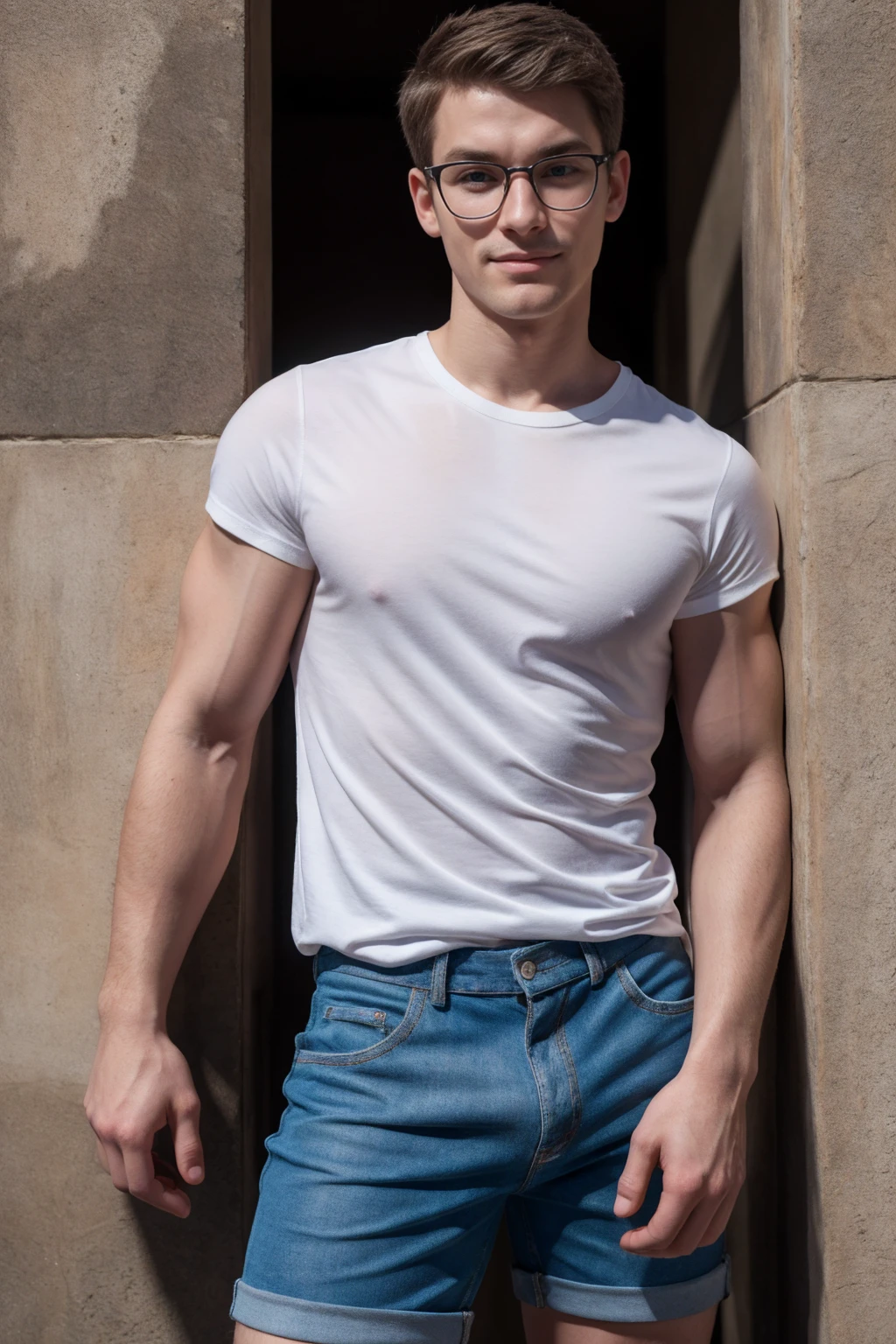 1boy, (Blue Eyes), happy smile,American boy,18 years old,Wear glasses,man hot nerd,young, thick body, slender, sport body build, child-like,White age boy,Close-up photo,full body photo ,RAW Photo, arafed man in white shirt and blue shorts leaning against a wall, a cartoon inspired by Adam Dario Keel, shutterstock, shin hanga, young man with short, short jeans, short size, short pants, wearing denim short shorts, denim short pants, cotton, modern casual clothing, thin young male, wearing shorts and t shirt, casual modern clothing,pale skin, skinny, good lighting, very pale skin, light skin, model with attractive body,medium bulge and medium butts,(Best quality, 8k, Masterpiece). High Detail , superior quality, natural lighting, beautiful, sexy, correct anatomy, good composition,realistic shapes, realistic skin tones,Natural eyes,realistic eyes,looking up at viewer,vpl,realistic muscles,Realistic wrinkles on the skin,Realistic arms and legs,Realistic face,realistic hair,Make a sexy and seductive face, Clear Focus: 1.2, Perfect Body virile: 1.4 , Slender Abs: 1.2, Highly detailed face and skin texture, detailed eyes, double eyelids, big upper lip, man focus,amazing composition, front view, HDR, volumetric lighting, ultra quality, elegant,Post a erotic photoshoot,Realistic pose,detailed hair,full body,Fujifilm XT3 photorealistic art by midjourney