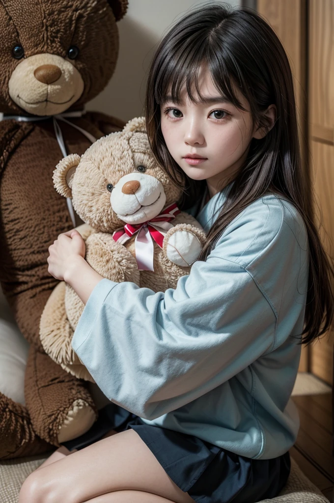 a young girl sitting, while wearing japanese hugging a teddy bear. a man wearing a war suite standing beside thats girl.