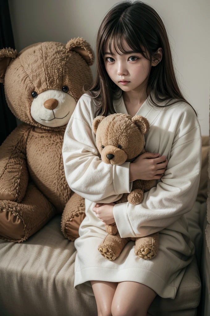 a young girl sitting, while wearing japanese hugging a teddy bear. a man wearing a war suite standing beside thats girl.