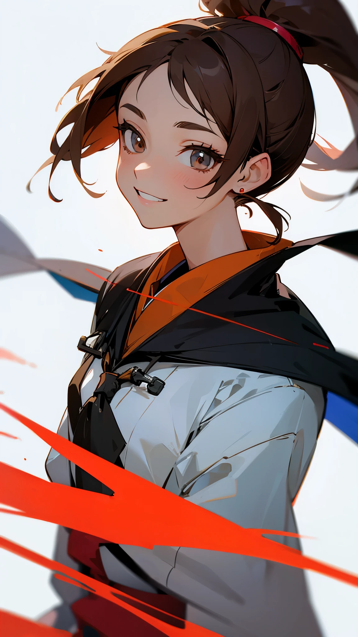 1 Girl、Anime style painting、Brown hair in a ponytail, Show me your ears, Upper body close-up、Grin
