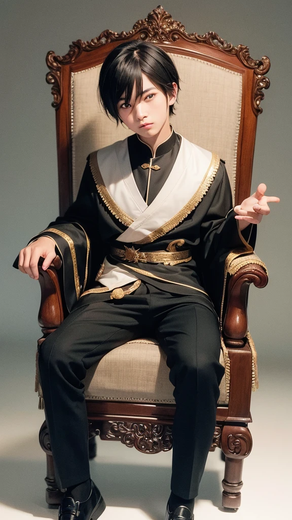 Portrait of Asian black-haired boy. sitting on the throne